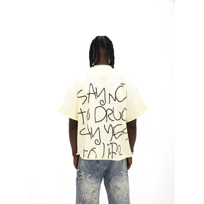 What's Your Poison tee, back detail — handwritten lettering and raw cut hem