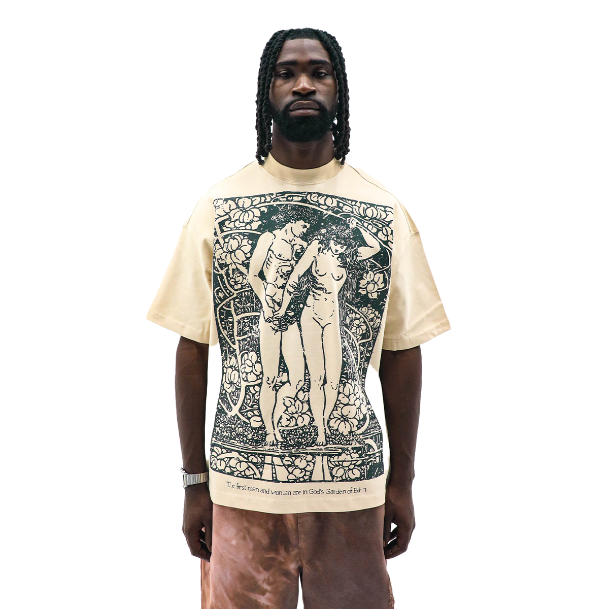 Adam & Eve tan heavyweight tee - front print