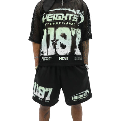 HeightsDistrict mesh athletic shorts with a relaxed fit and breathable fabric, ideal for sports and casual wear.