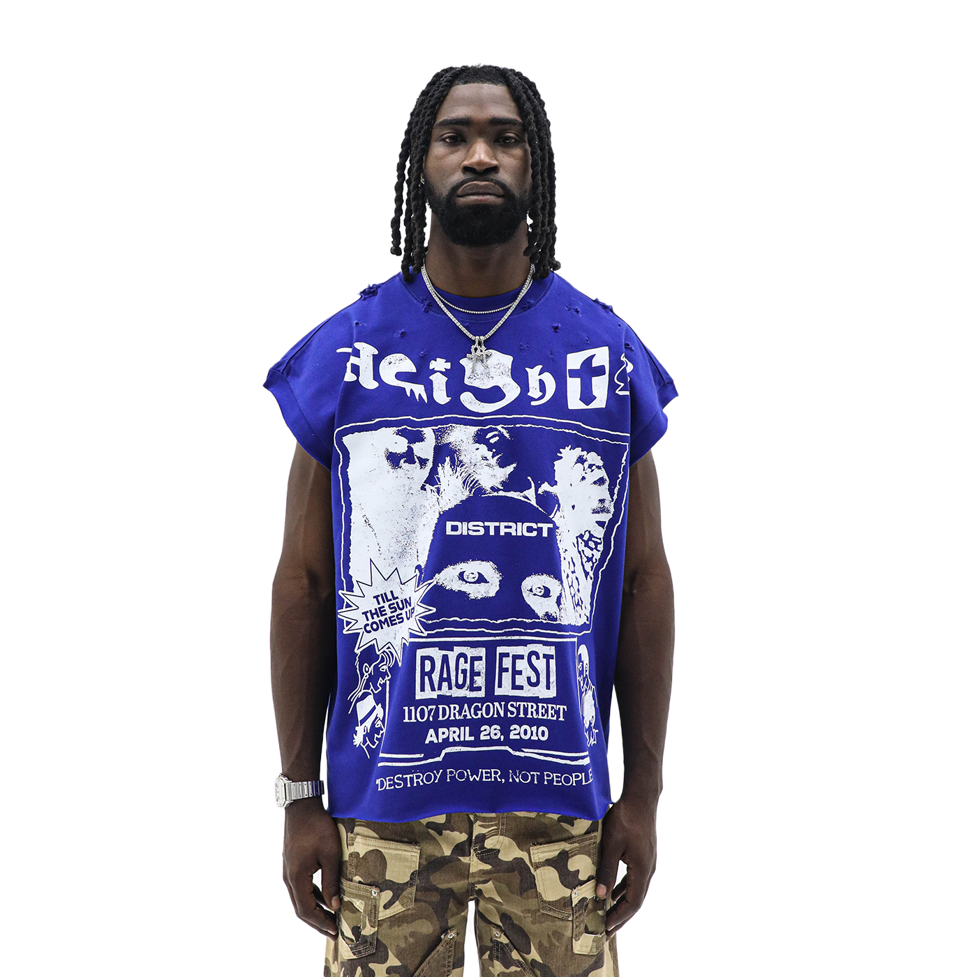 Blue Fest royal blue sleeveless heavyweight tee - front Rage Fest flyer print