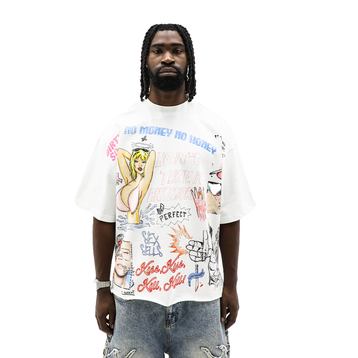 Burn Baby Burn white heavyweight tee - front doodle print