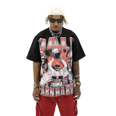 Dale Earnhardt T-shirt by HeightsDistrict featuring a front image of Dale Earnhardt's portrait on a black fabric.