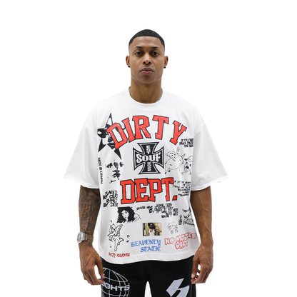 Dirty Souf Dirty Dept graphic T-shirt featuring bold print and streetwear style on a black fabric background.