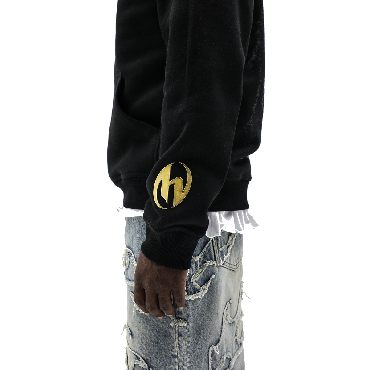 Heights Gold Hoodie - gold H cuff embroidery detail