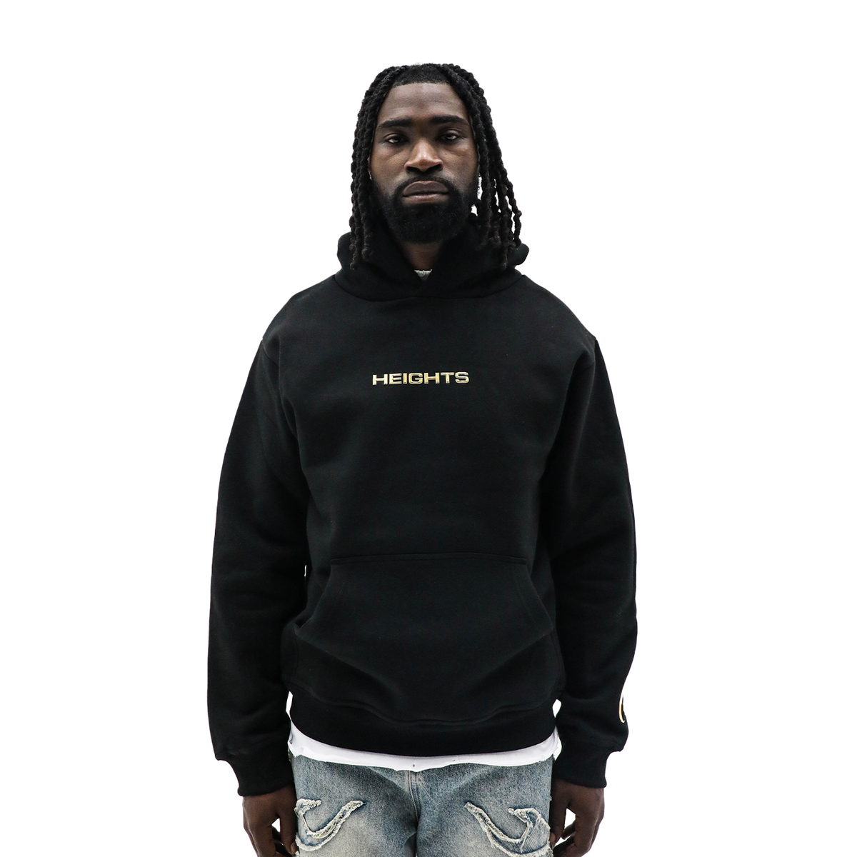 Heights Gold Hoodie black heavyweight fleece - front gold HEIGHTS embroidery
