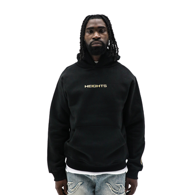 Heights Gold Hoodie black heavyweight fleece - front gold HEIGHTS embroidery