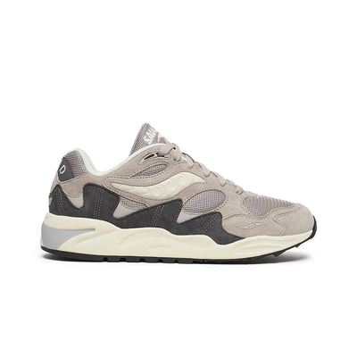 Saucony Grid Shadow 2 athletic shoes with gray and white layered design, featuring cushioned soles and breathable mesh upper.