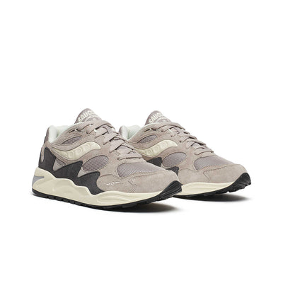 Saucony Grid Shadow 2 athletic shoes with gray and black design, featuring a mesh upper and cushioned sole for comfort.