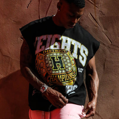 HeightsDistrict Heights Championship '26 T-shirt showing bold graphic design and vibrant colors on a casual fit shirt.