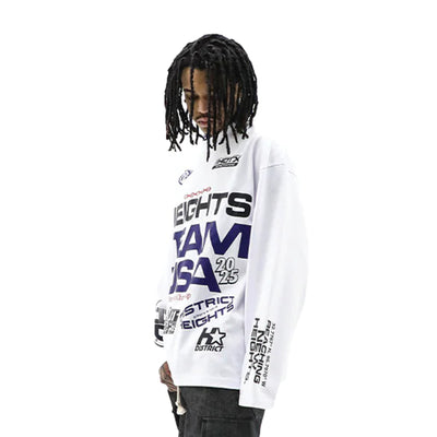 Team USA long sleeve T-shirt by HeightsDistrict, featuring the American flag and team logo, displayed on a mannequin.