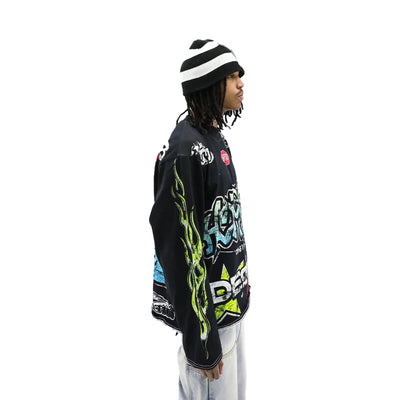 HeightsDistrict Racer T-shirt in black with height-themed graphic design on front, casual fit, short sleeves.
