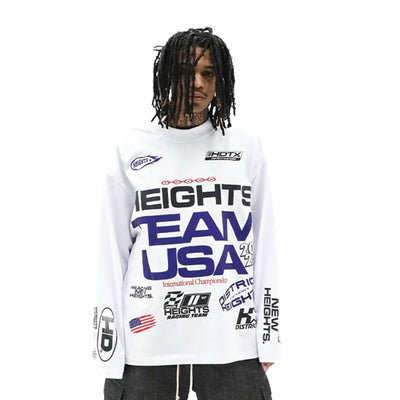 Team USA long sleeve T-shirt by HeightsDistrict featuring a patriotic design and breathable fabric, displayed on a plain background.