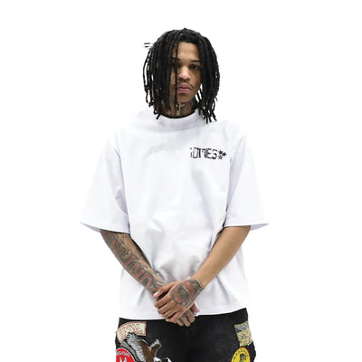 Homies Forever T-shirt by HeightsDistrict featuring a graphic design of friends enjoying time together on a white cotton tee.