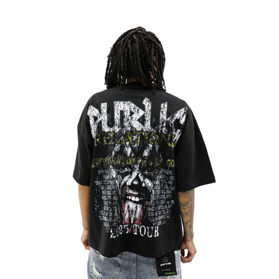 HeightsDistrict PR Tour T-Shirt showing a black crewneck with graphic print in a casual style.