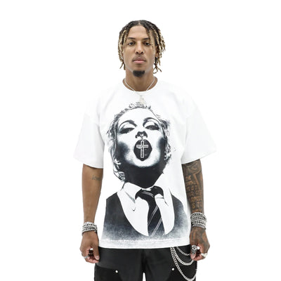 HeightsDistrict Madonna portrait T-shirt featuring a detailed graphic image of Madonna's face in a stylish design.