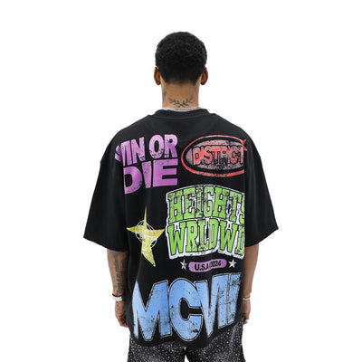 HeightsDistrict T-Shirt featuring the Heights Worldwide design, black fabric with graphic print on front, casual streetwear style.