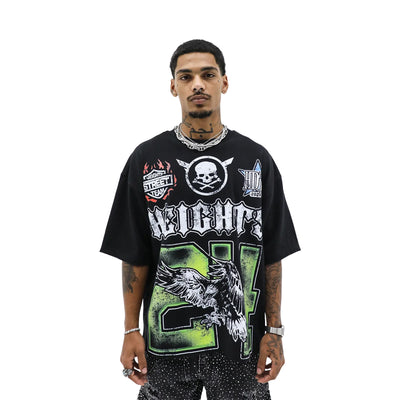 HeightsDistrict T-shirt from Heights Worldwide featuring a stylish design on a black cotton fabric.