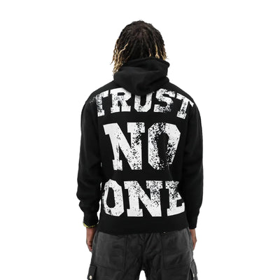 Black hoodie with "Trust No One" print from HeightsDistrict, featuring a front view of the casual, comfortable hoodie.