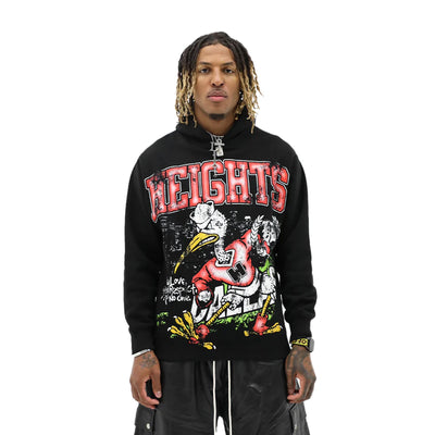Black hoodie from HeightsDistrict with "Trust No One" graphic, featuring a casual fit and front pocket.