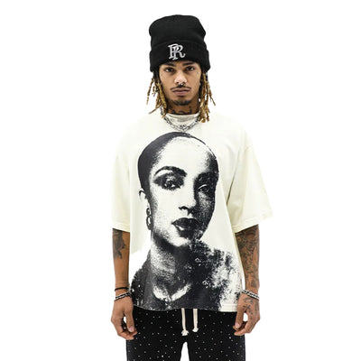 HeightsDistrict Sade portrait T-shirt featuring a black and white image of Sade Adu on the front, casual and stylish fit.
