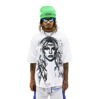 Black "Free Her" T-shirt by HeightsDistrict featuring bold white text on front, casual fit, suitable for everyday wear.