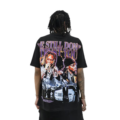 Public Relations "We Still Don't Trust You" t-shirt with bold text on black fabric, casual fit and comfortable design.