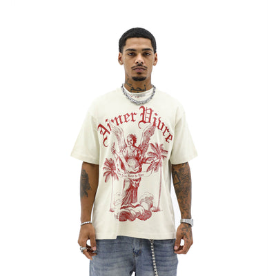 Aimer Vivre Angel & Palms T-Shirt featuring a graphic print of angel wings and palm leaves on a casual, comfortable fabric.
