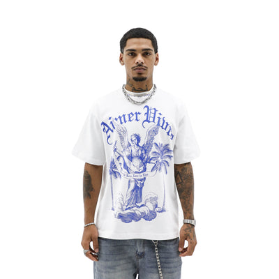 Aimer Vivre Angel & Palms T-Shirt with angel and palm tree graphic in soft fabric, displayed flat on a white background.