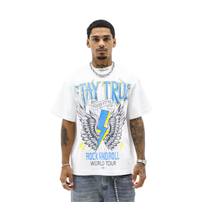 Aimer Vivre Stay True World Tour T-shirt featuring vibrant graphic design on a casual cotton shirt.