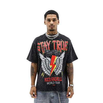 Aimer Vivre Stay True World Tour T-shirt featuring a graphic design on a black fabric background.