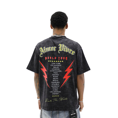 Aimer Vivre Stay True World Tour T-shirt featuring bold graphic print on a casual black cotton shirt.
