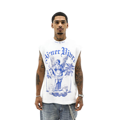 Aimer Vivre Angel & Palms T-shirt featuring a detailed angel and palm tree graphic on soft cotton fabric.