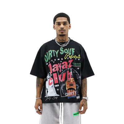 Black Dirty Souf Playaz Club t-shirt with graphic print, crew neck, and short sleeves, displayed on a plain background.