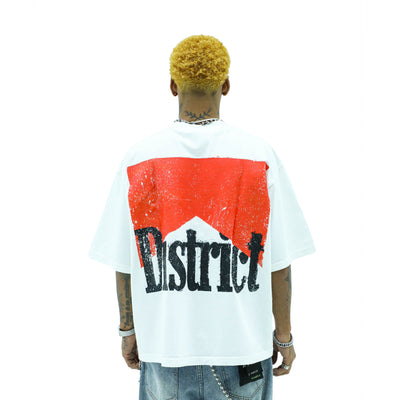 HeightsDistrict The District T-shirt in black with white graphic print, crew neck and short sleeves, casual streetwear style.