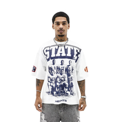 HeightsDistrict State Champs T-shirt featuring bold graphic design on black cotton fabric.
