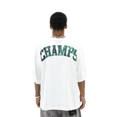 HeightsDistrict District Champs T-shirt, black cotton short-sleeve tee with bold white graphic print, casual and comfortable.