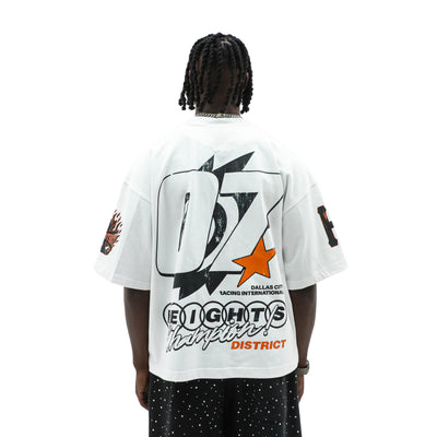 Heights Racing Club T-shirt by HeightsDistrict featuring a stylish graphic design on a black fabric background.