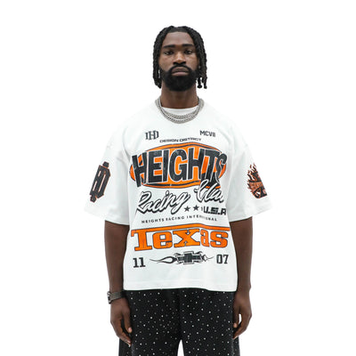 HeightsDistrict Heights Racing Club T-shirt featuring a bold racing-themed graphic on a black fabric background.