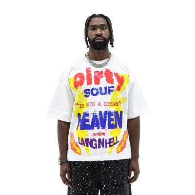 Black Heaven & Hell T-shirt by Dirty Souf featuring a graphic print of celestial and demonic imagery on soft cotton fabric.