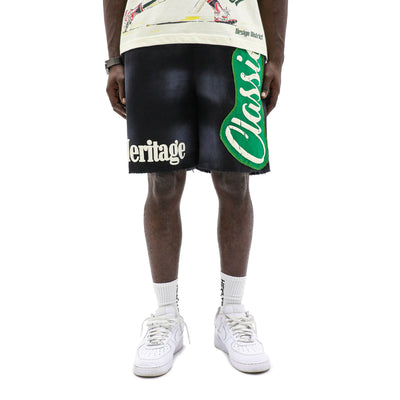 Heritage Classics sun-dyed fleece shorts shown on a hanger, featuring a relaxed fit and soft, textured fabric.