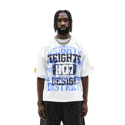 HeightsDistrict 1107 Athletics T-Shirt in black, featuring a classic fit and athletic logo design on the front.