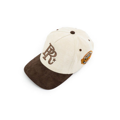 HeightsDistrict PR suede varsity snapback headwear with a structured brim and adjustable snap closure, showcasing a stylish athletic design.