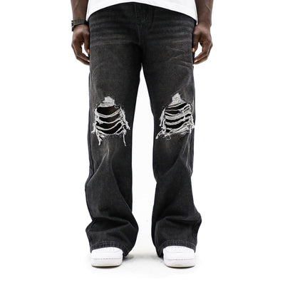 EPTM distressed basic jeans, casual pants with a relaxed fit, featuring faded and worn details on denim fabric.
