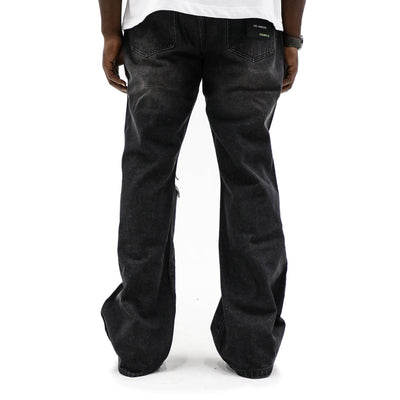 EPTM distressed basic jeans showing a relaxed fit with faded and ripped details, denim fabric, and classic five-pocket style.