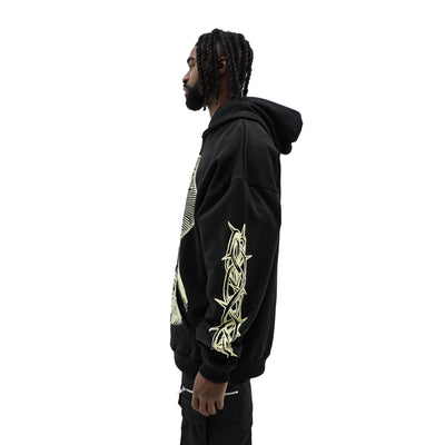 Mother Mary hoodie by HeightsDistrict, featuring detailed religious artwork on a comfortable black hoodie.