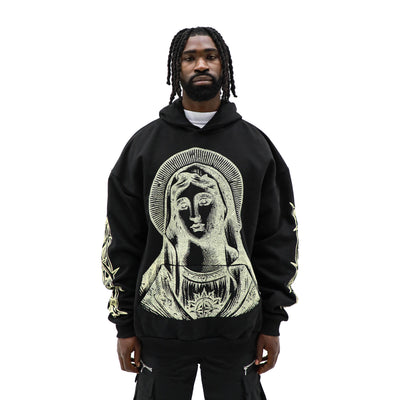 Mother Mary hoodie by HeightsDistrict featuring religious iconography on a comfortable pullover hoodie.