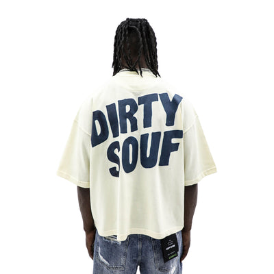Black "Does She Love Me" T-shirt by Dirty Souf featuring bold white text on front, casual fit, and soft cotton fabric.