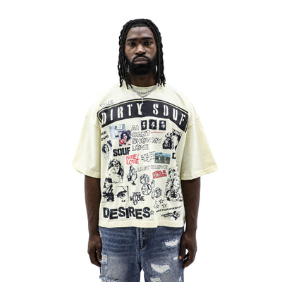 Black "Does She Love Me" T-shirt by Dirty Souf featuring bold white text on the front, casual fit, and soft cotton fabric.