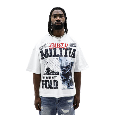 Dirty Souf Dirty Militia T-shirt featuring bold graphic design on black fabric, displayed on a flat lay.