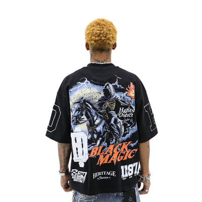Black Magic T-shirt by HeightsDistrict featuring a dark, mystical design on soft black fabric.